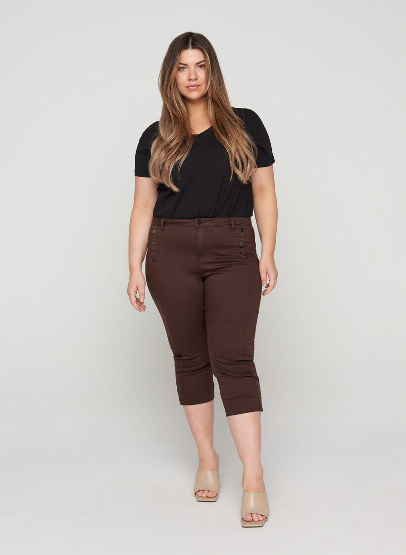 Nauwsluitende capri broek met splitjes, Dark Brown, Model image number 0