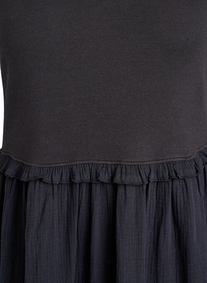 Mouwloze katoenen midi-jurk met rib en mousseline, Zwart, Packshot image number 2