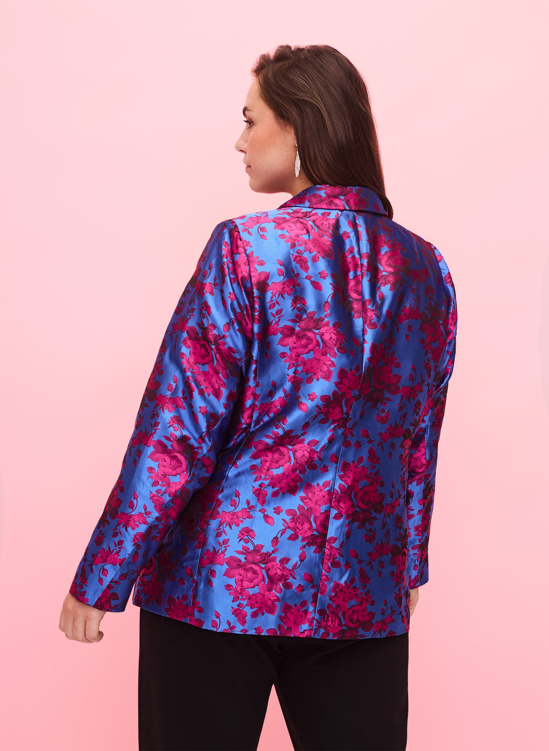 Zizzi Blazer met bloemmotief en parelknoop, Blue Quartz Jaquard, Model image number 1