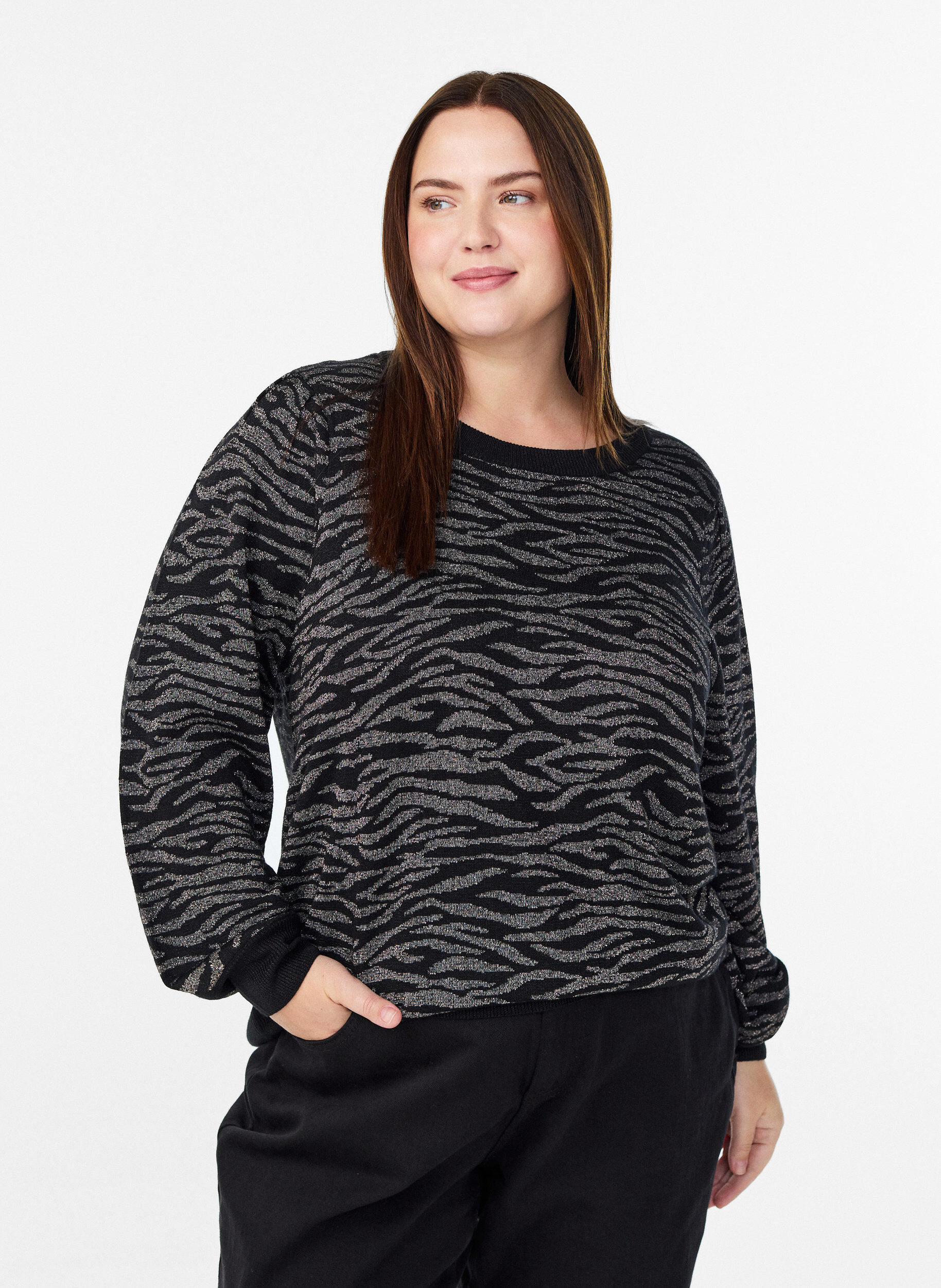 Gebreide blouse met patroon en glitereffect, Zwart, Model