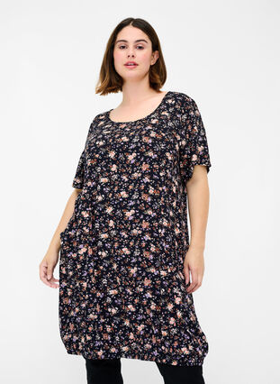 Viscose jurk met print en korte mouwen , Black Small Flower, Model image number 0