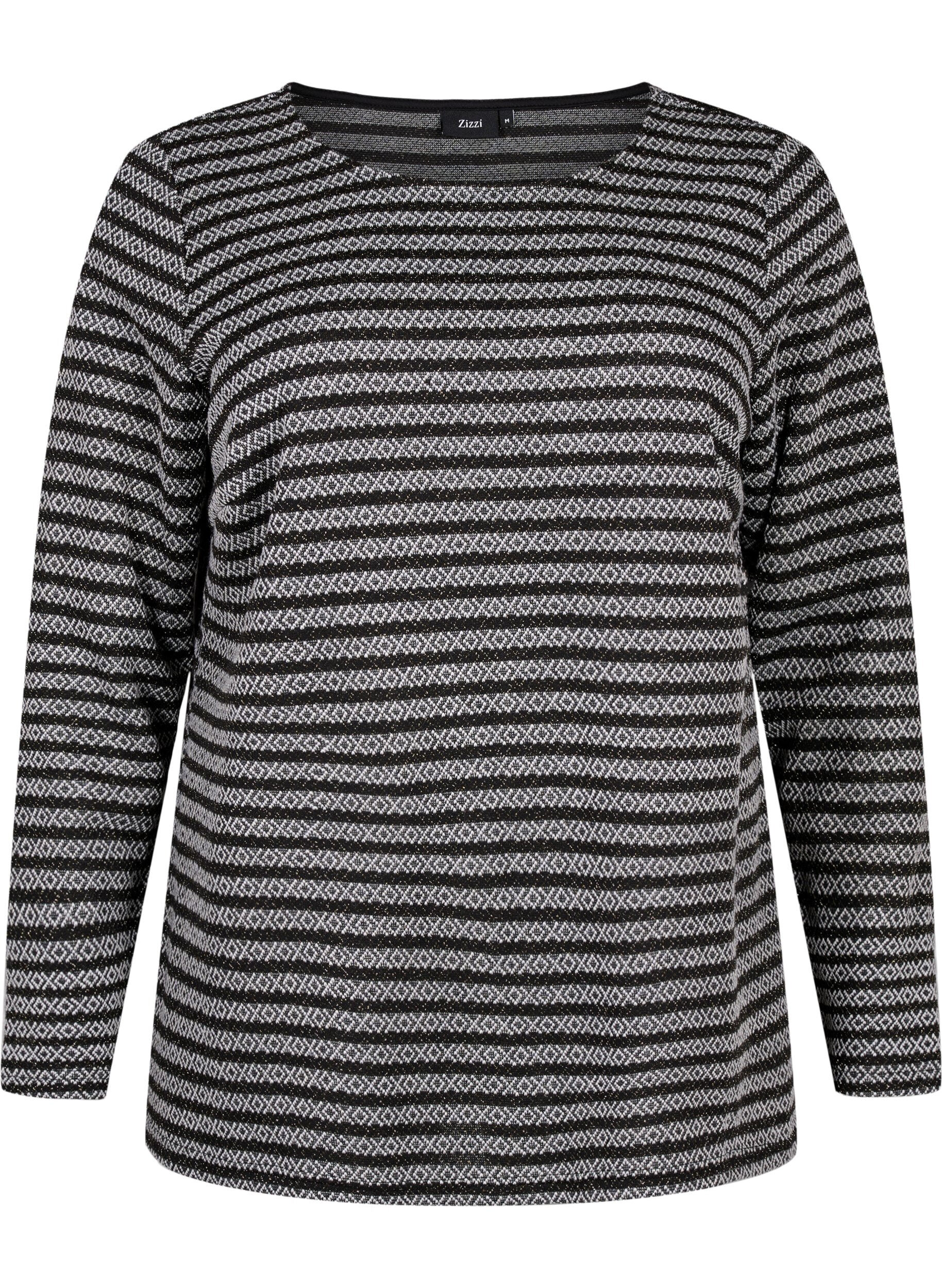Zizzi Blouse met ronde hals en gestreept patroon, Black Stripe, Packshot image number 0
