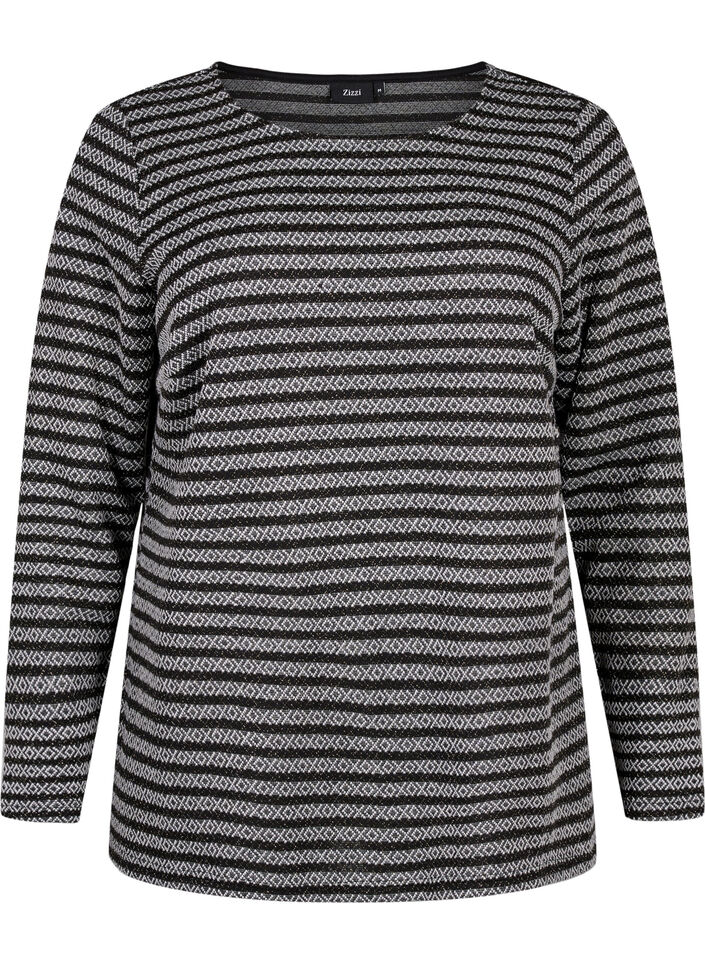 Blouse met ronde hals en gestreept patroon, Black Stripe, Packshot image number 0