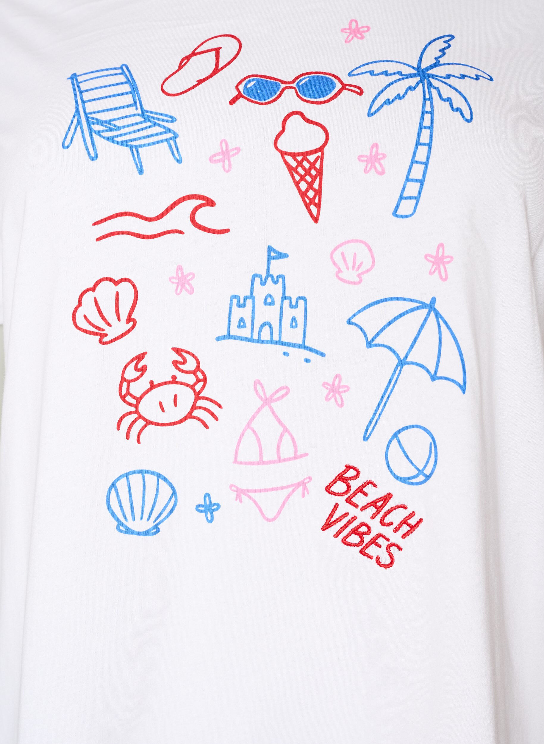 ZizziDit T-shirt van biologisch katoen met strandprint, Wit, Packshot image number 2