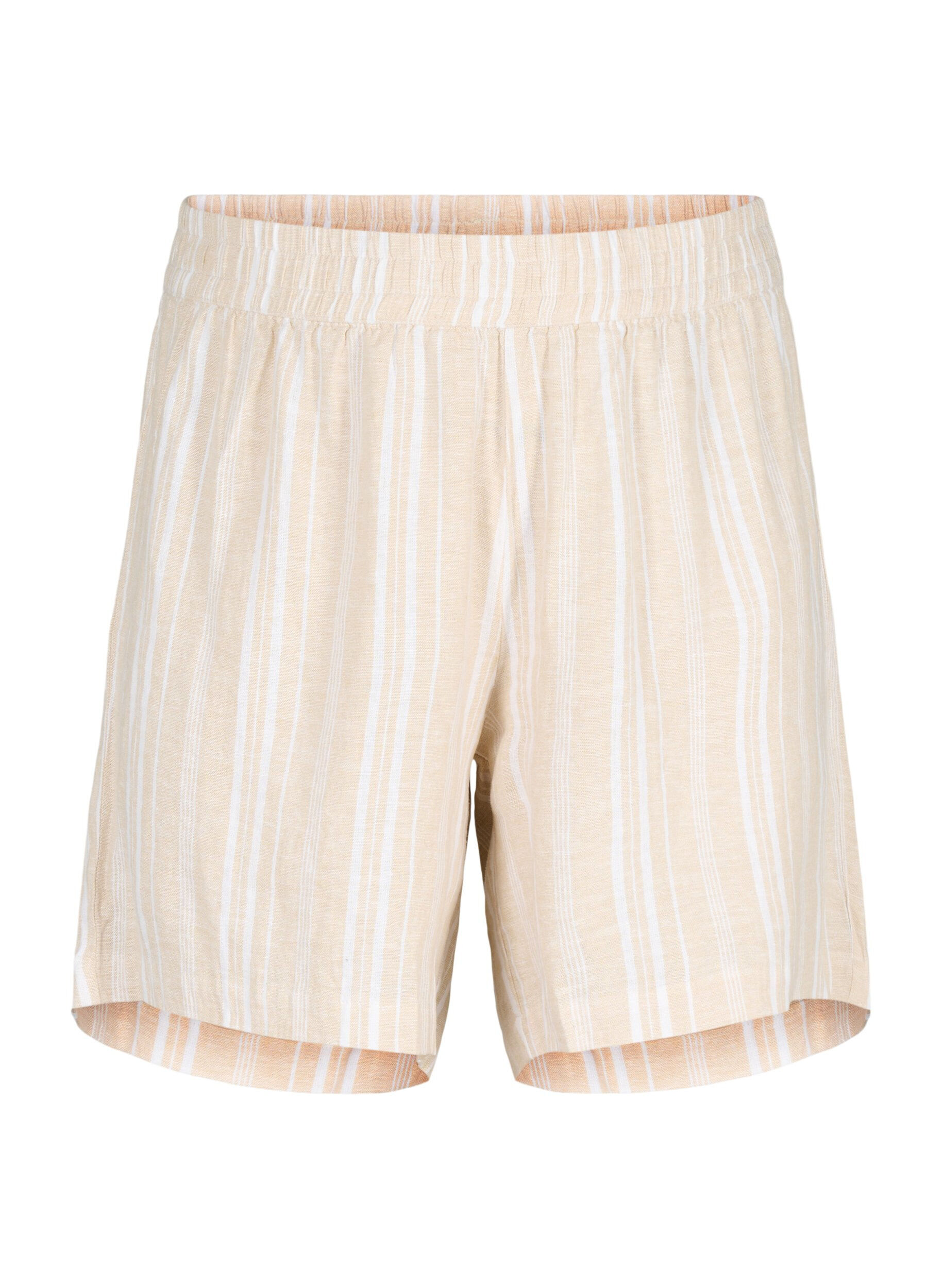 Zizzi Gestreepte korte broek van linnen en viscose, Beige, Packshot image number 0