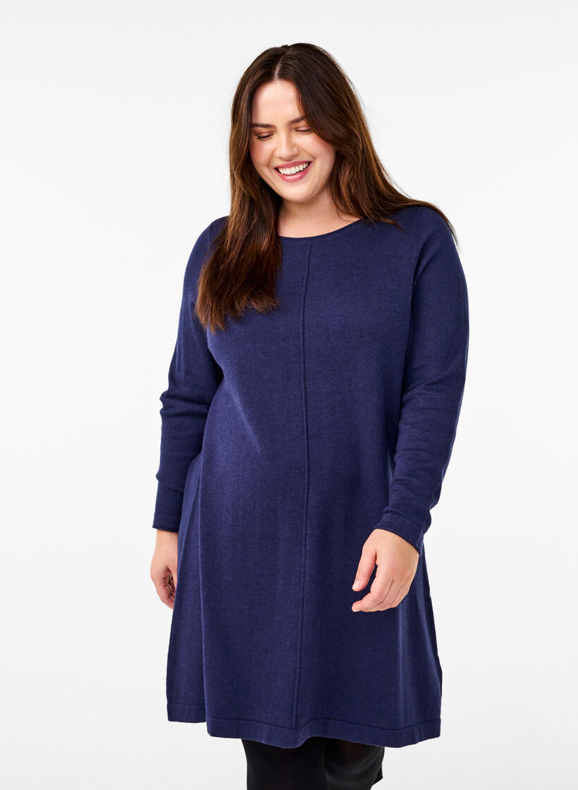 Gebreide jurk in katoen-viscose blend, Blauw, Model image number 0