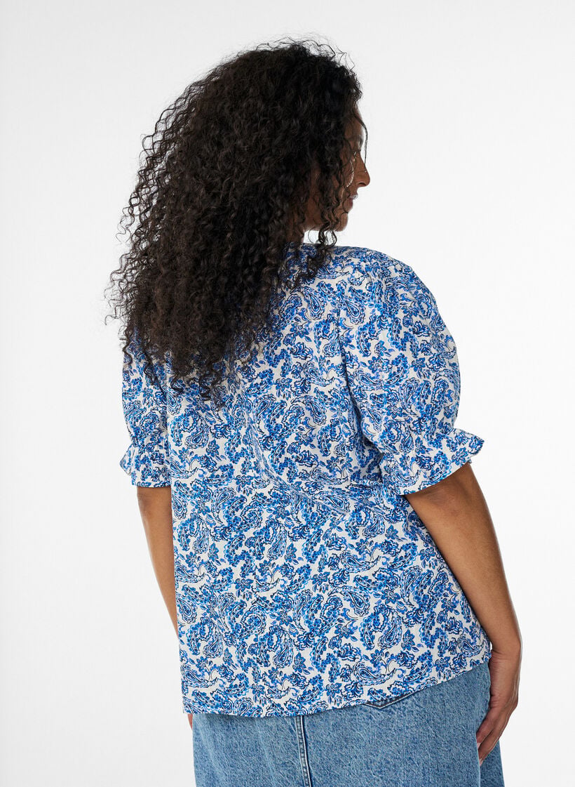 Katoenen blouse met vierkante halslijn, Blauw, Model image number 2
