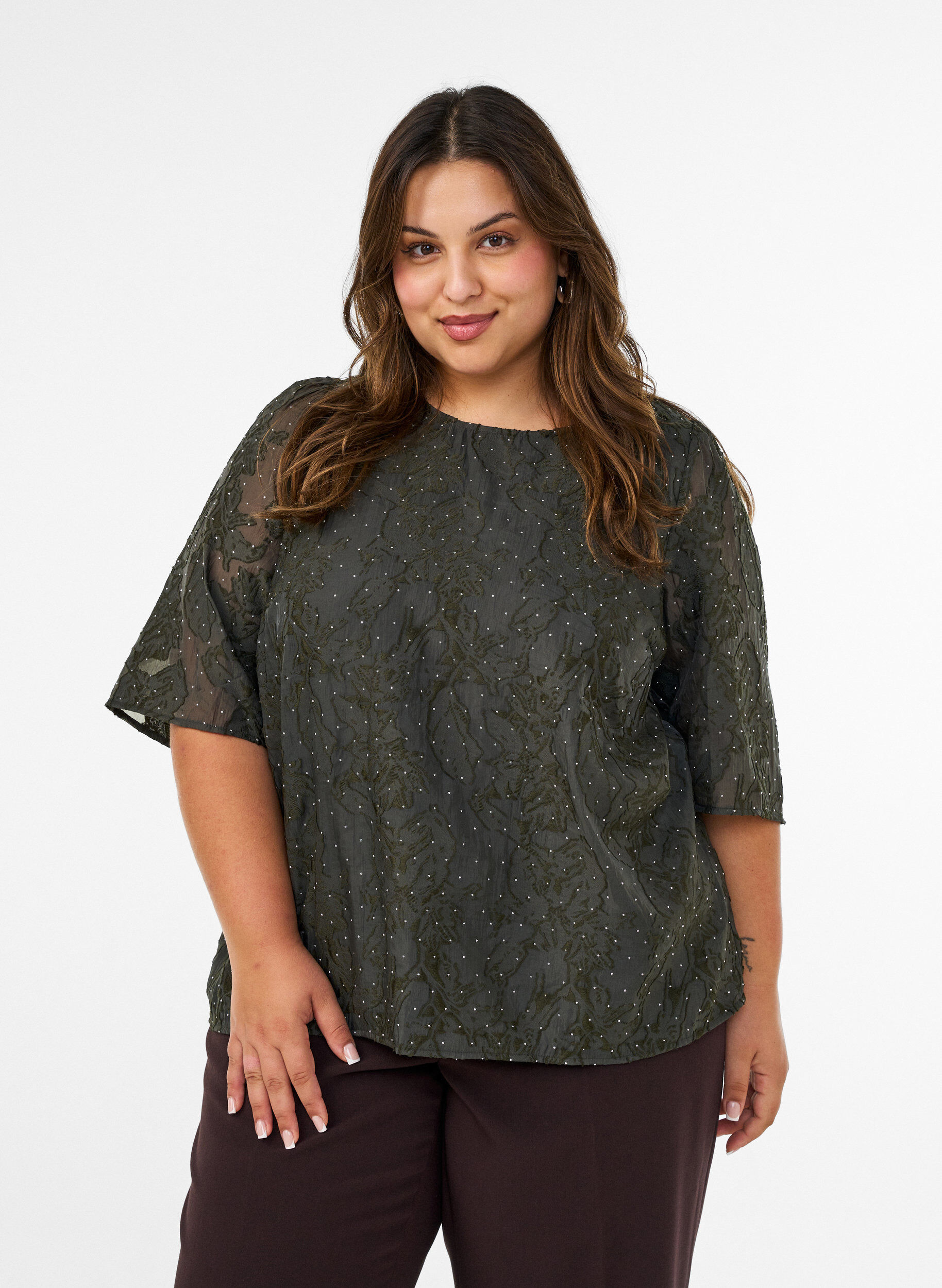 ZizziJacquard blouse met sprankelende details en pofmouwen, Groen, Model image number 0
