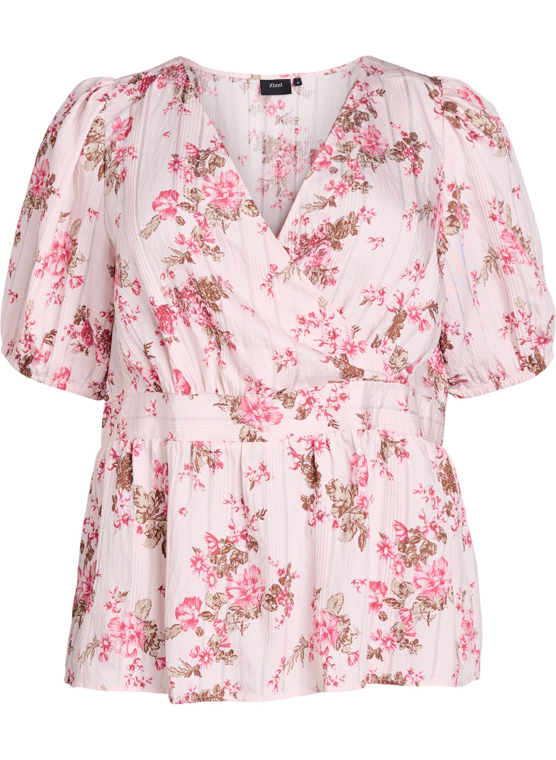 Zizzi Bloemenblouse met korte mouwen en gesmokte taille, Roze, Packshot image number 0