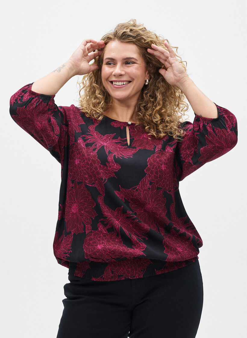 Viscose blouse met bloemenprint en smockwerk, Donker Bordeaux, Model image number 0