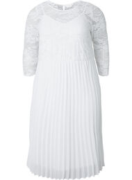 Geplooide jurk met kant en 3/4 mouwen, Bright White