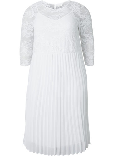 Geplooide jurk met kant en 3/4 mouwen, Bright White, Packshot image number 0