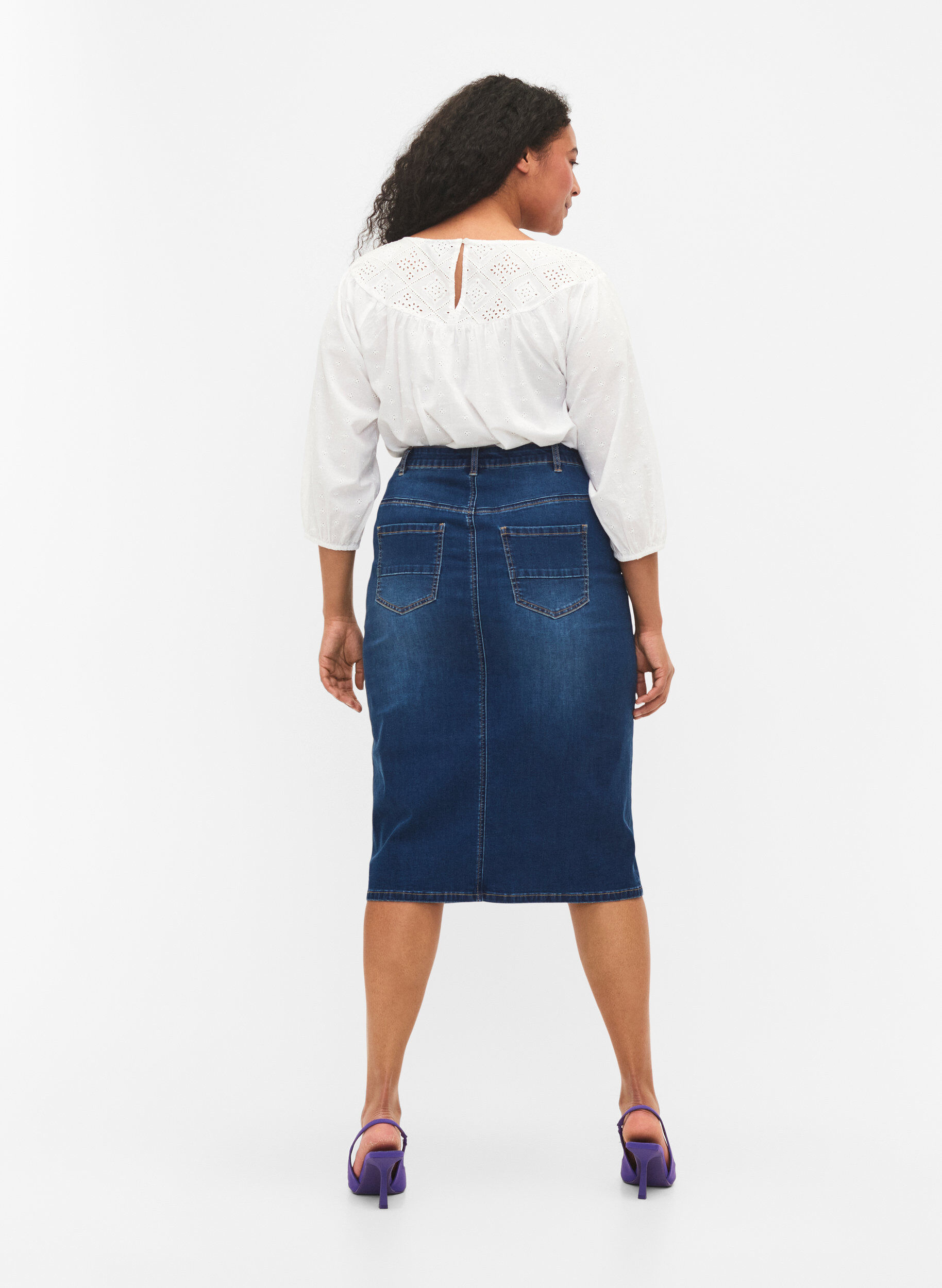 Zizzi Denim midi-rok met split, Blauw, Model image number 2