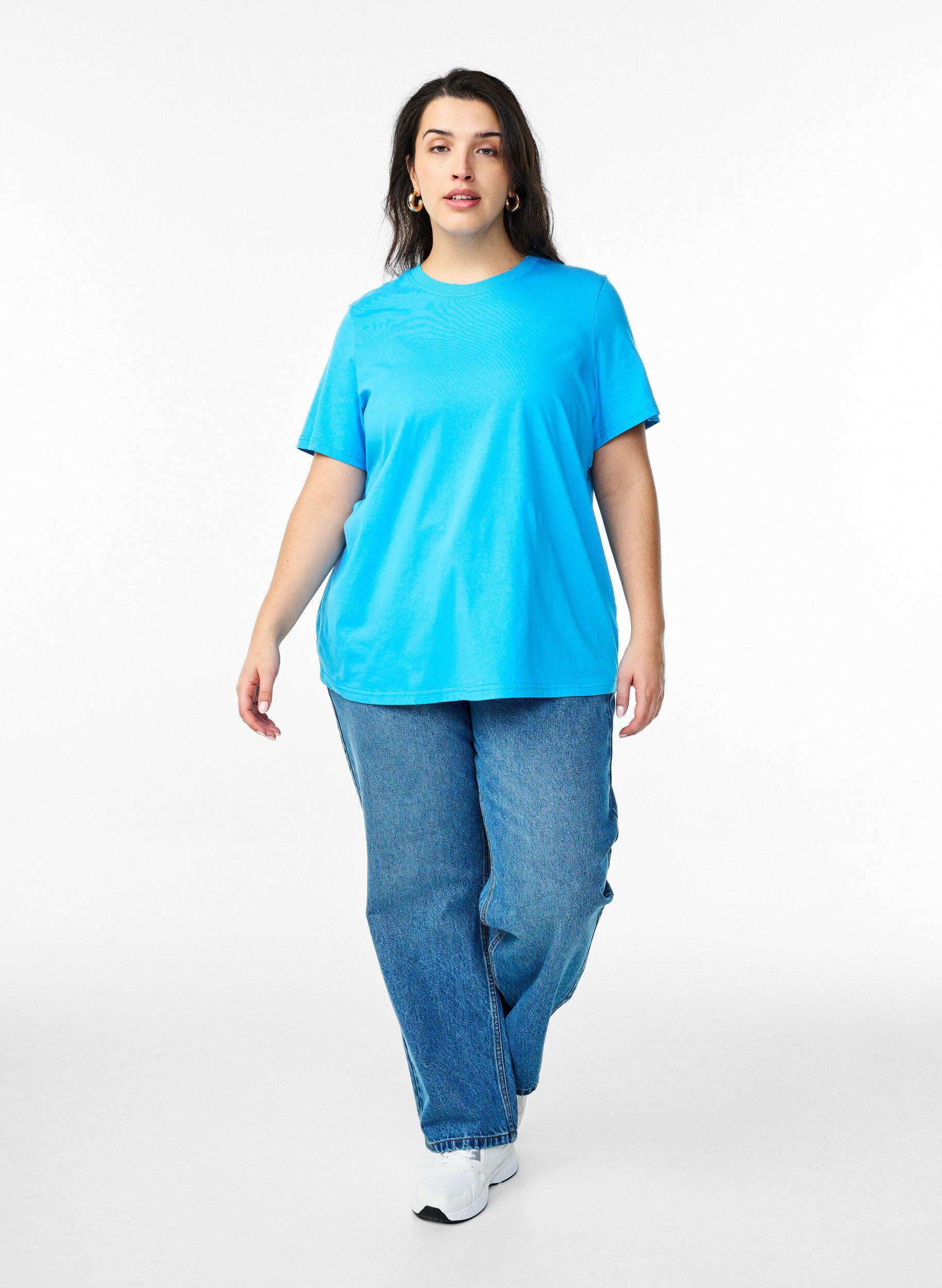 Zizzi Basic katoenen T-shirt met ronde hals, Blauw, Model image number 1