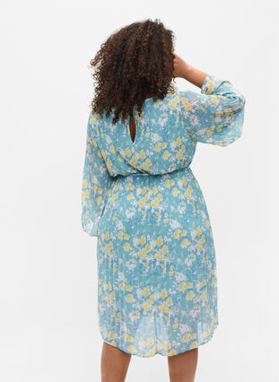 Bedrukte geplooide jurk met bindband, Cameo Blue Flower, Model image number 1