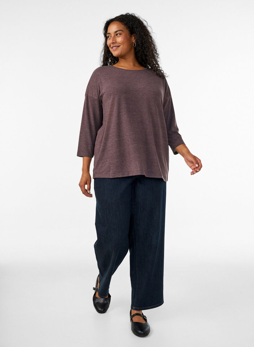 Jersey blouse met 3/4 mouwen, Bruin, Model image number 1
