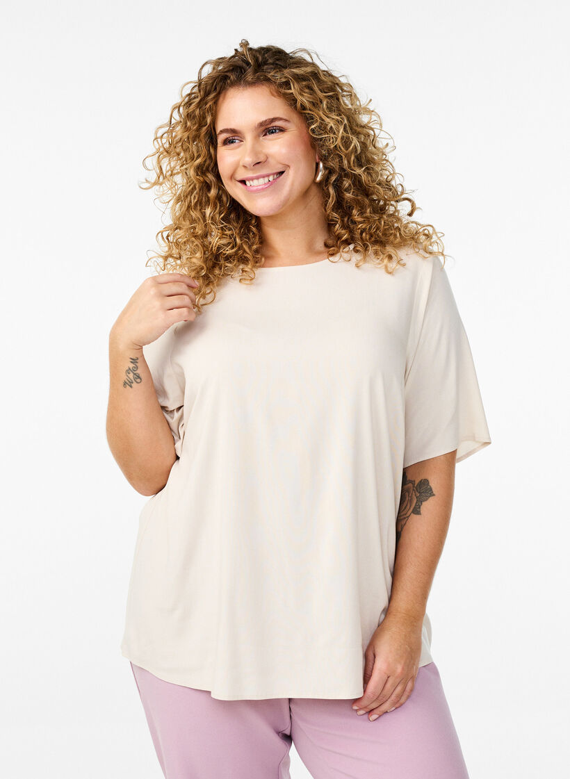 Geweven blouse met korte mouwen en ronde hals, Beige, Model image number 0