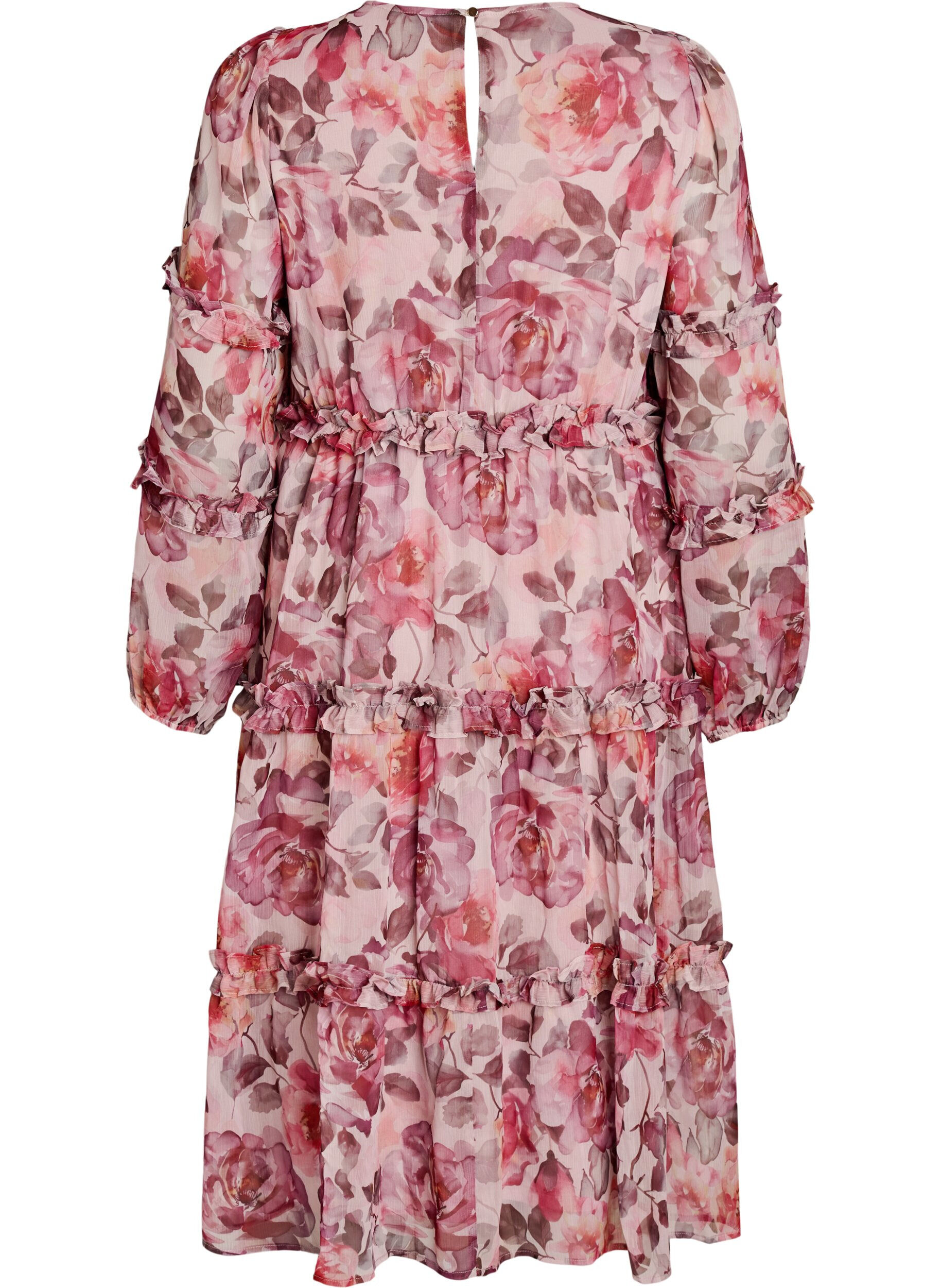 Zizzi Midi-jurk met bloemenprint met ruches en doorschijnende mouwen, Roze, Packshot image number 1