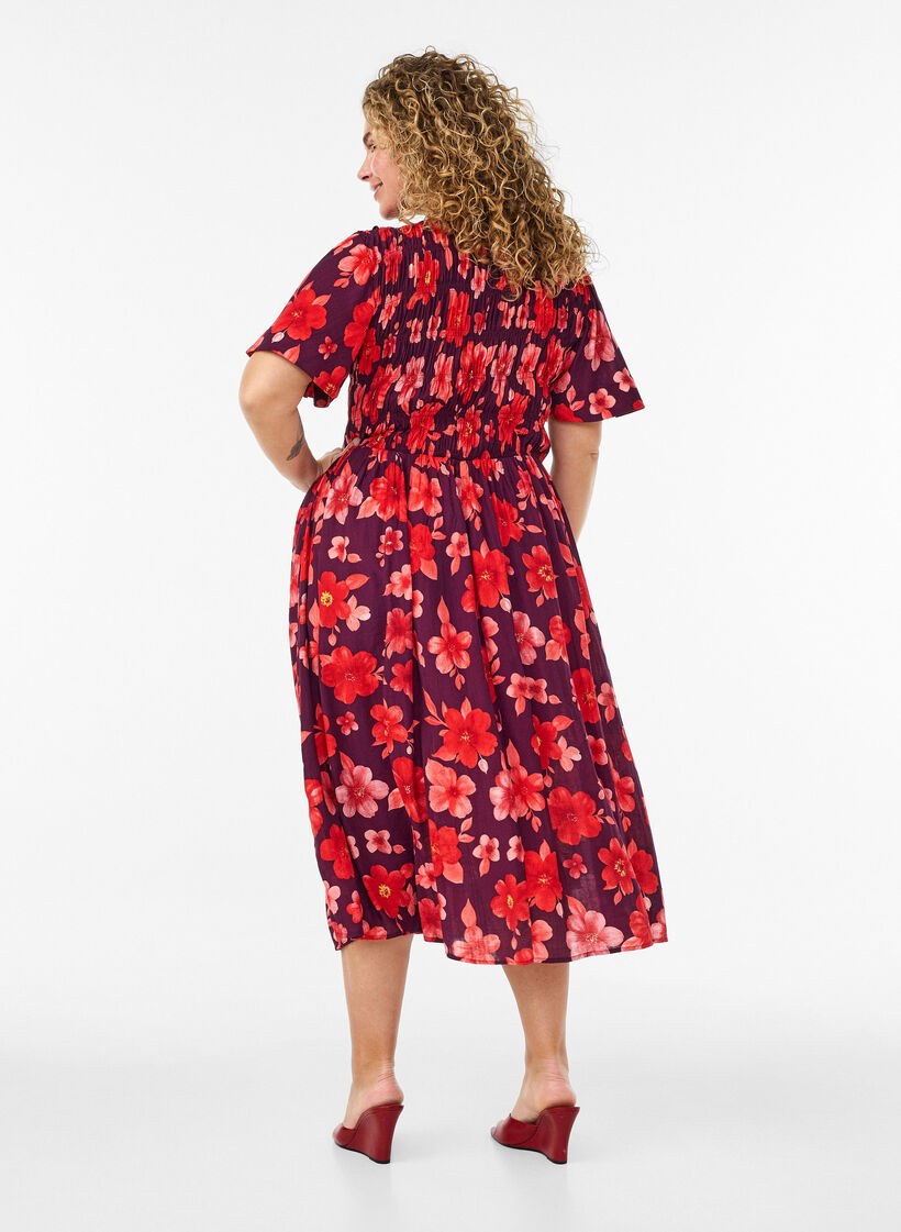 Jurk met smokwerk en bloemenprint, Paars, Model