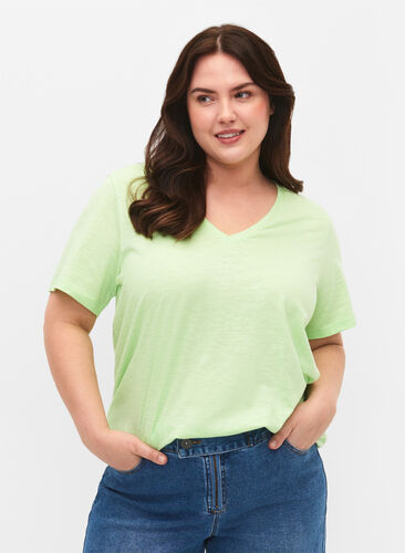 Basic t-shirt met korte mouwen en V-hals, Paradise Green, Model image number 0