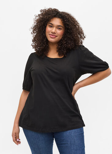 Katoenen t-shirt met elleboogmouwen, Black, Model image number 0
