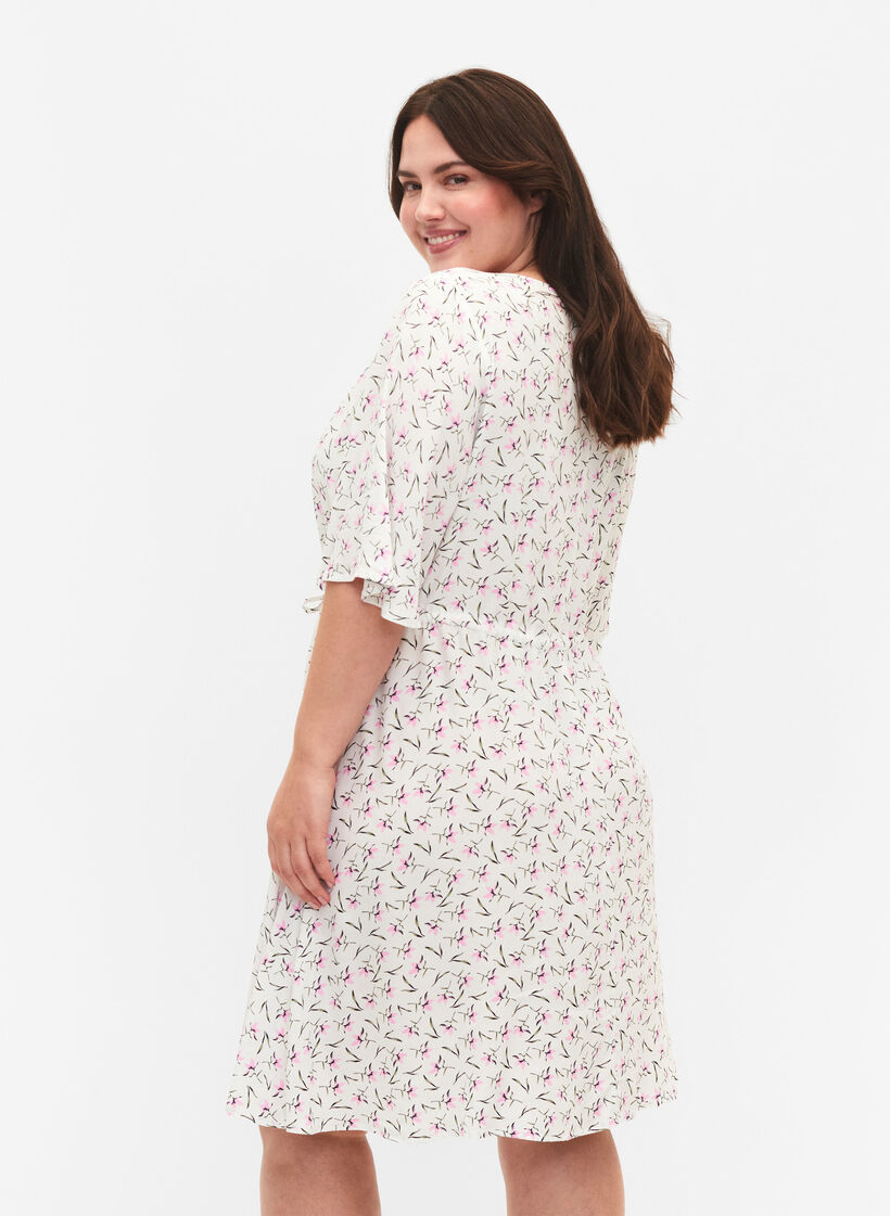 Jurk met 1/2 mouw met bloemenprint in viscose, White Purple Flower, Model image number 1