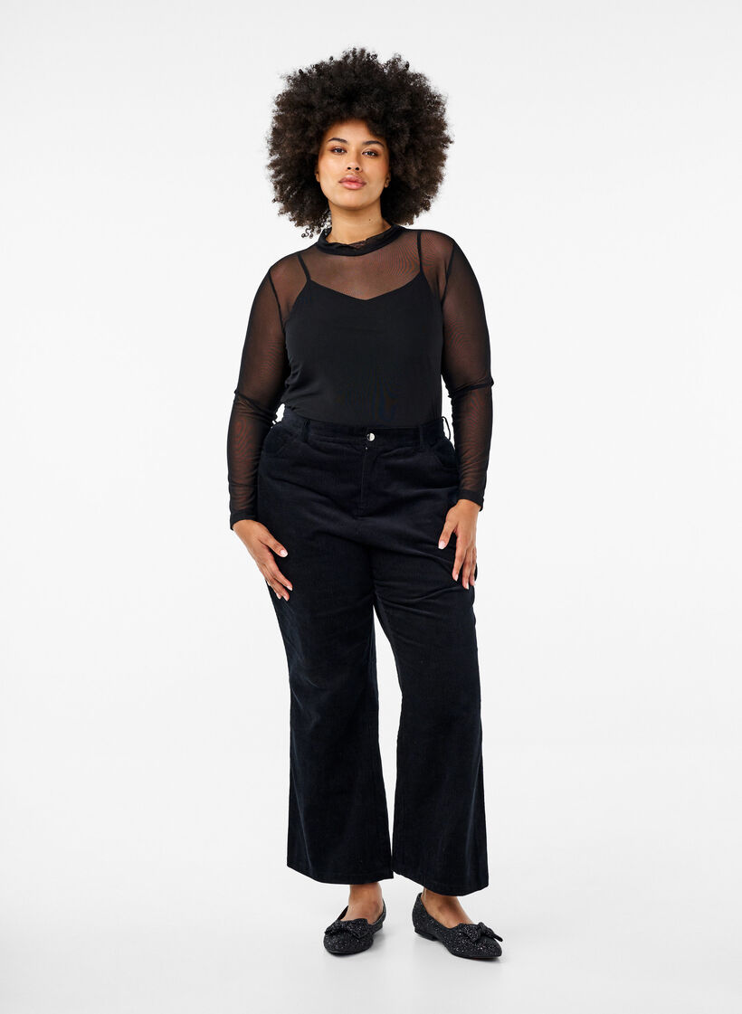 Getailleerde blouse van mesh met lange mouwen, Zwart, Model