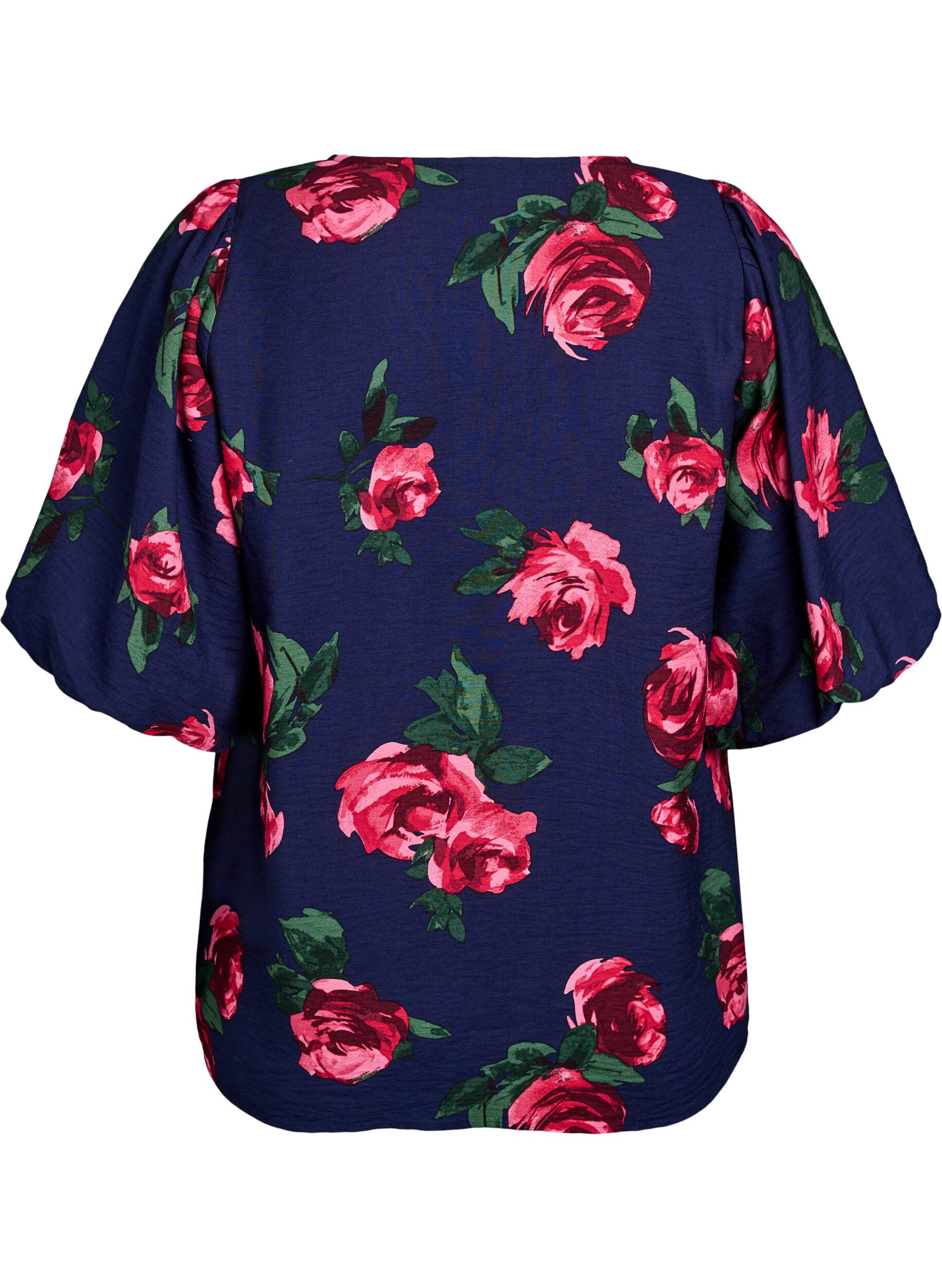 Zizzi Blouse met rozenprint en korte ballonnenmouwen, Blauw, Packshot image number 1
