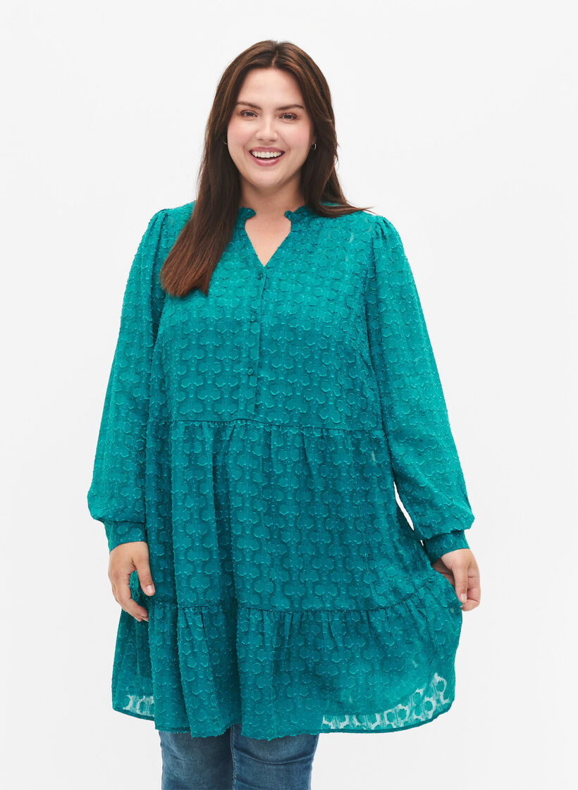 Jacquard jurk met ruche kraag, Deep Lake, Model image number 0