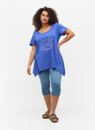 Katoenen t-shirt met korte mouwen en a-lijn, Dazzling Blue HELLO , Model image number 2