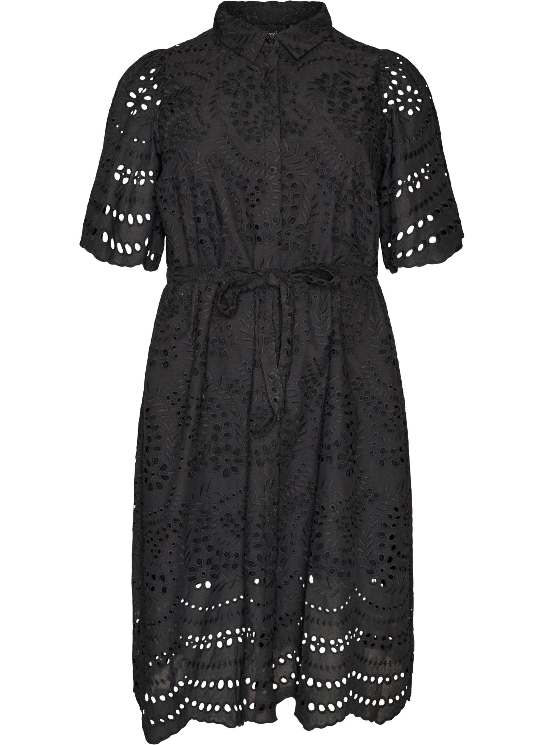 Blousejurk in broderie anglaise met strikceintuur