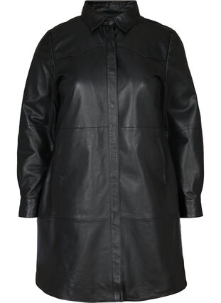 Lange blouse jas in leer, Black, Packshot image number 0