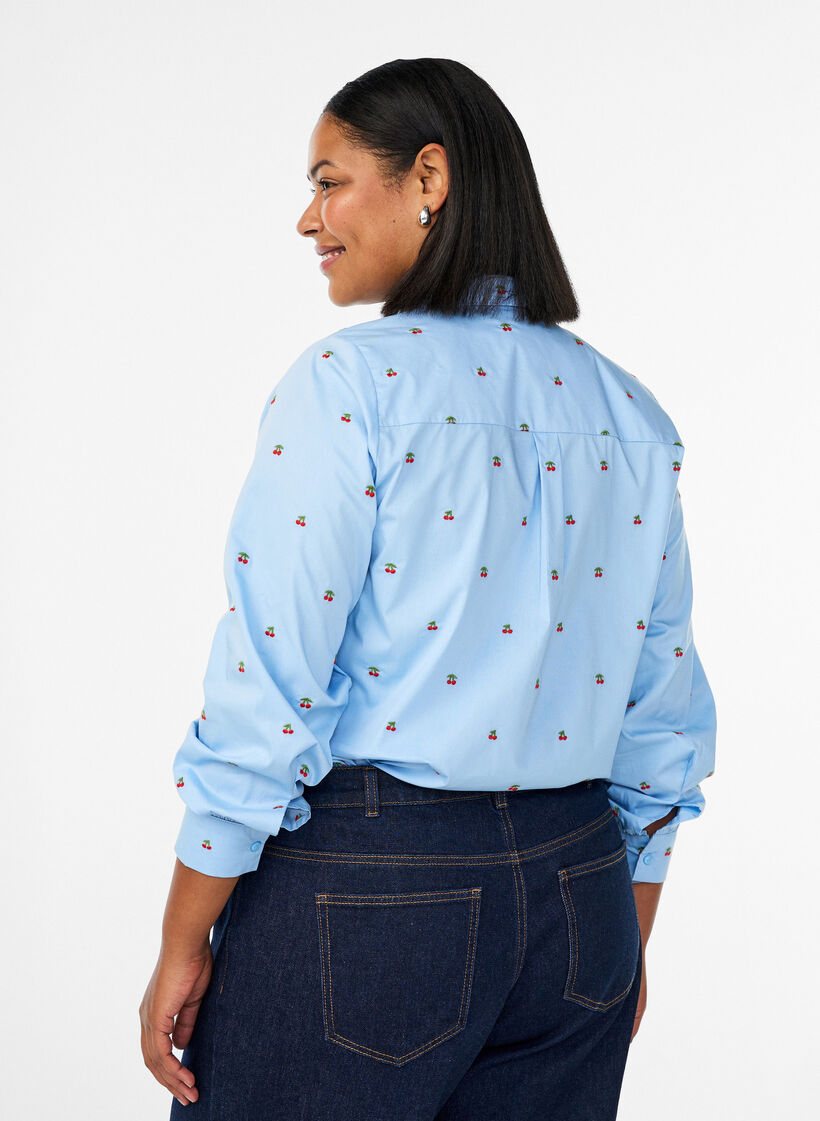 Overhemdbluse met geborduurde kersjes, Blauw, Model image number 2