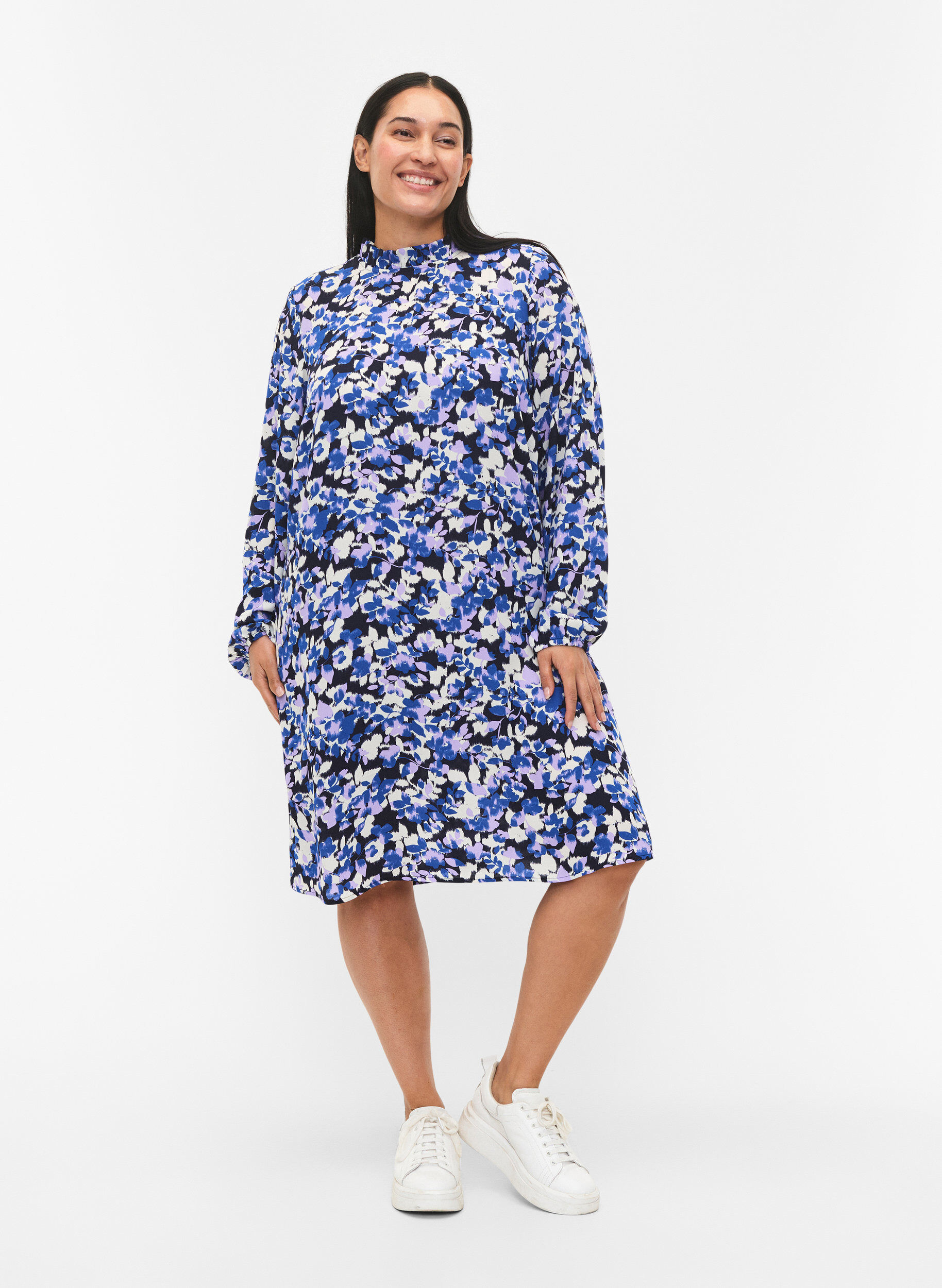 Zizzi FLASH - Jurk met lange mouwen en bloemenprint, Blue Purple Flower, Model image number 2