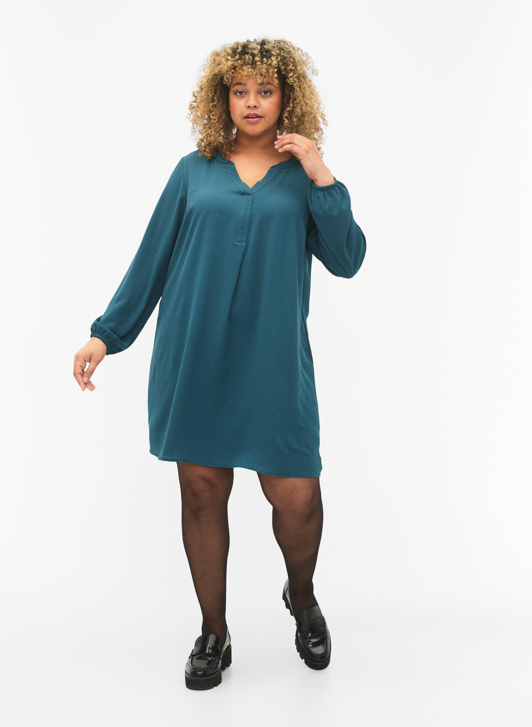 Zizzi Jurk met lange mouwen en V-hals, Deep Teal, Model image number 2