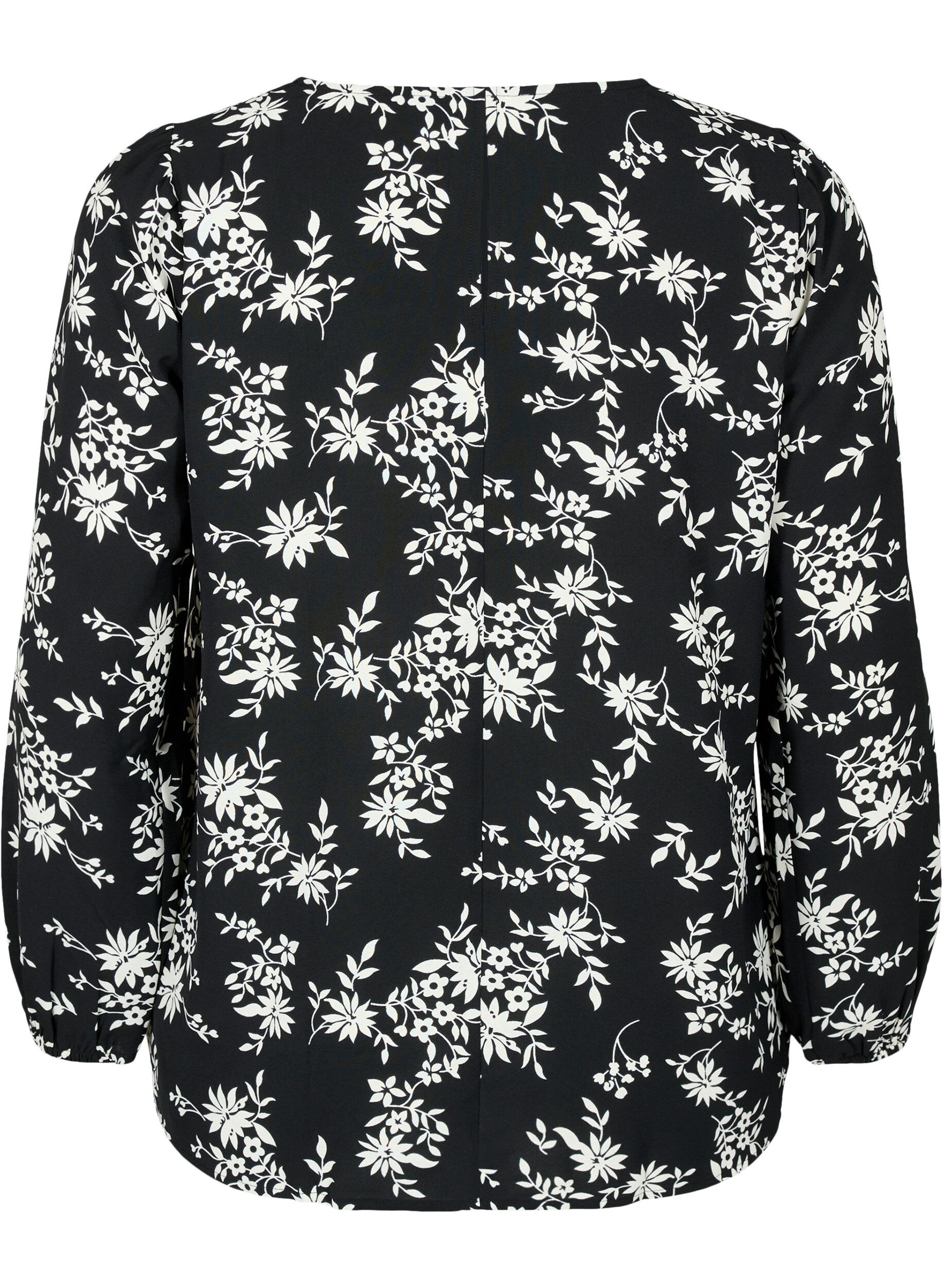 Zizzi Blouse met pofmouwen, Black Flower AOP, Packshot image number 1