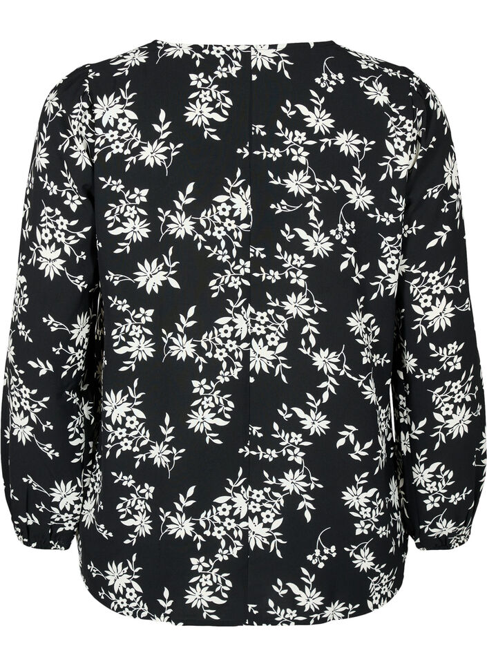 Blouse met pofmouwen, Black Flower AOP, Packshot image number 1