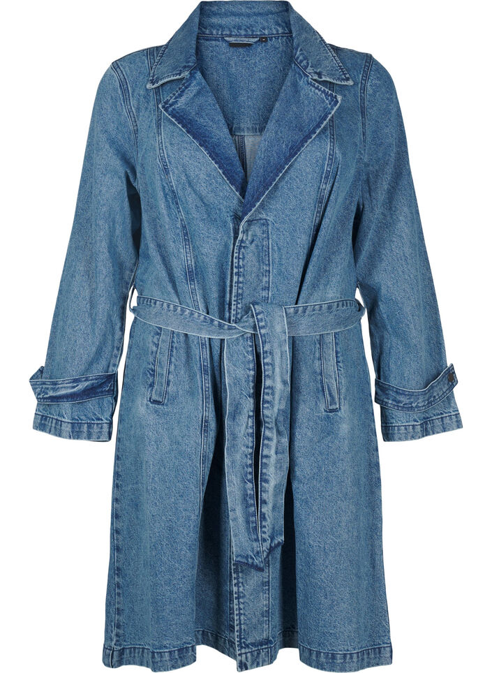 Denim trenchcoat met riem, Blue Denim, Packshot image number 0