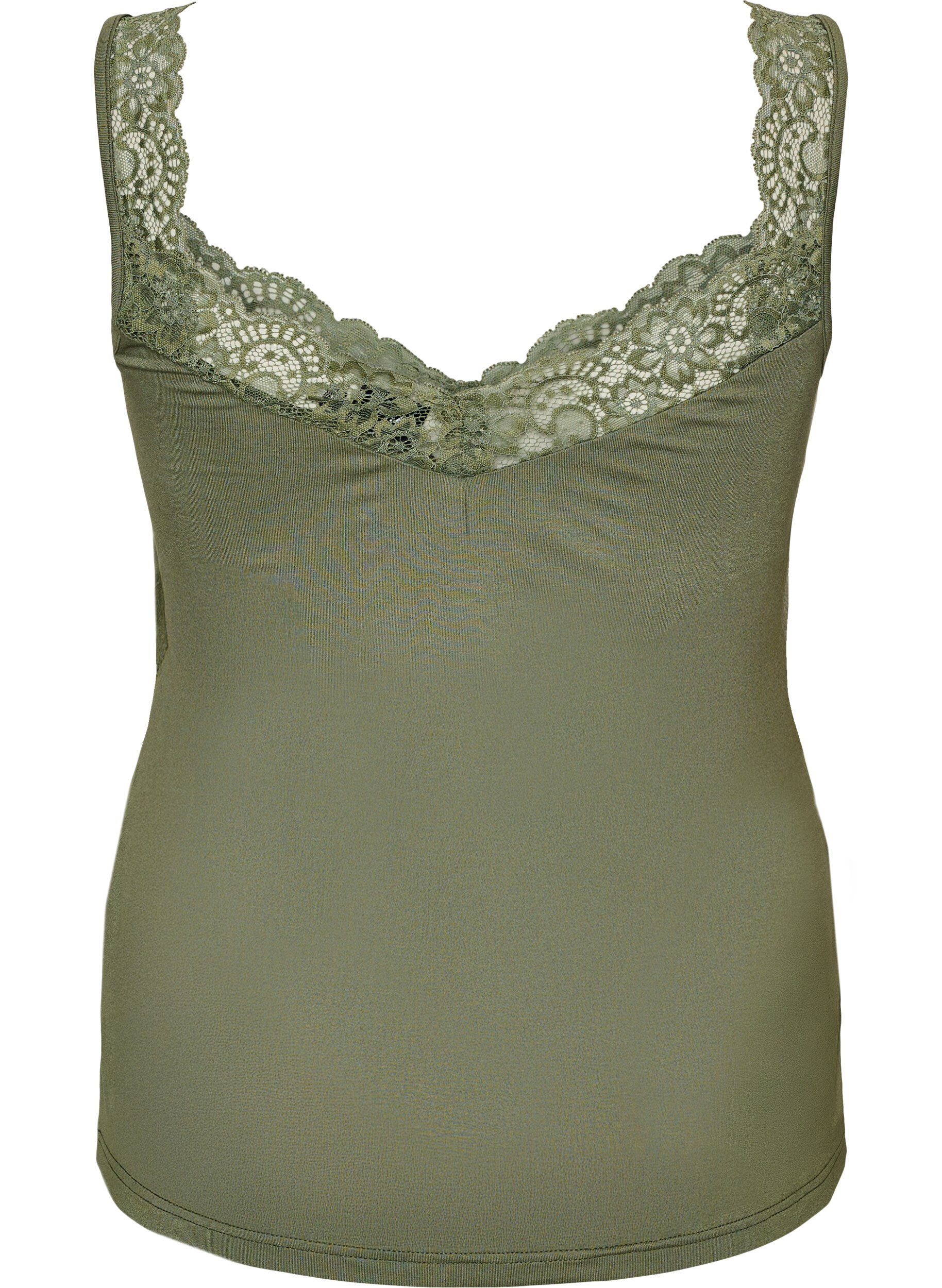 ZizziViscose top met kanten rand, Groen, Packshot image number 1