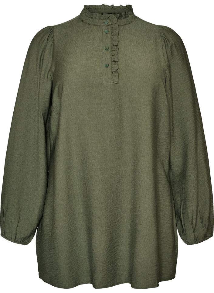 Viscose tuniek met ruches en knopen, Groen, Packshot image number 0