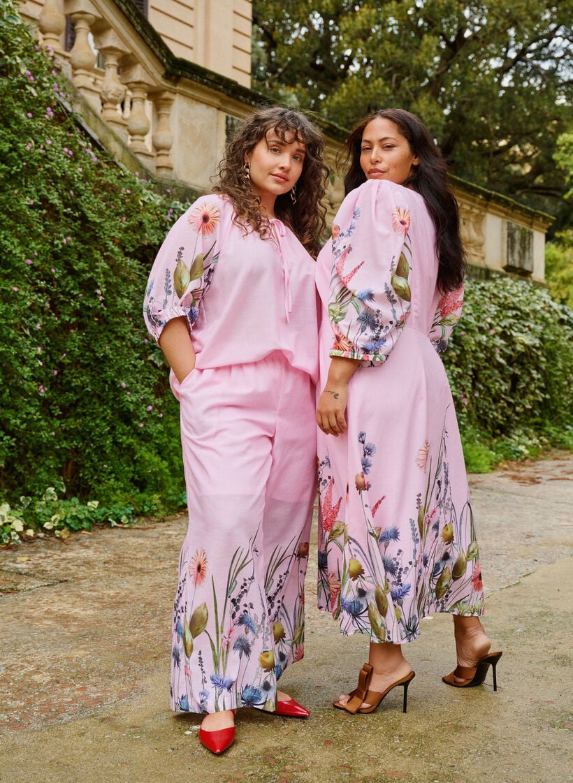 Broek met bloemenprint en wijde pijpen, Roze, Image image number 0