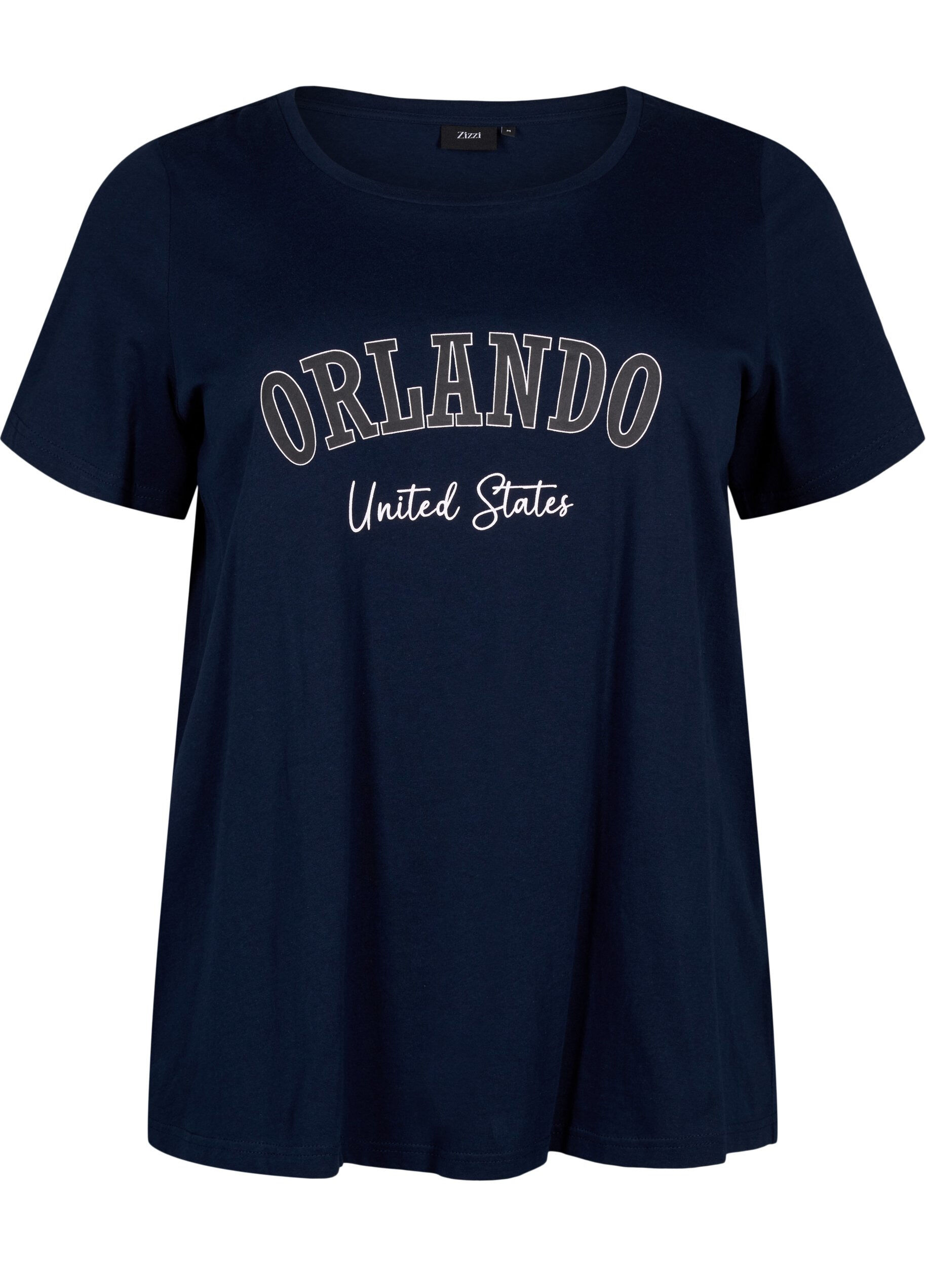Zizzi Katoenen T-shirt met tekst, Navy B. Orlando, Packshot image number 0