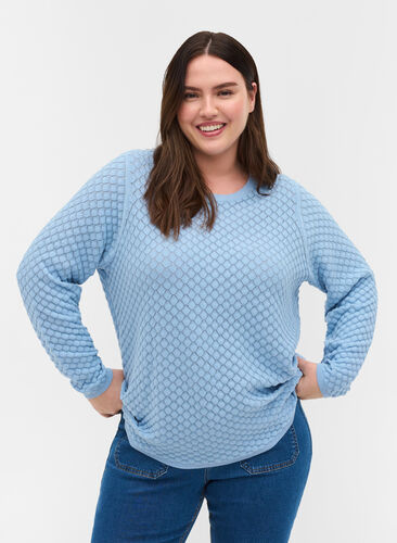Gebreide blouse met patroon van biologisch katoen, Chambray Blue, Model image number 0