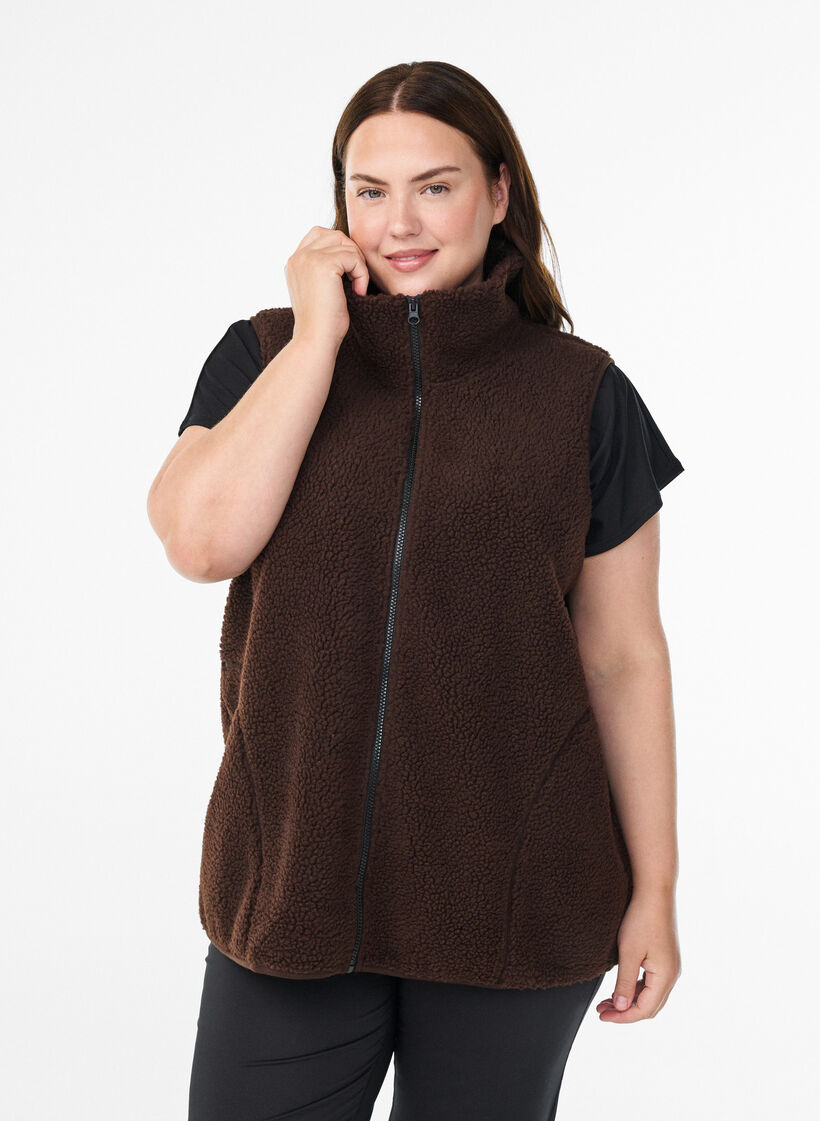 Teddy fleece gilet met ritssluiting en zakken, Bruin, Model image number 0