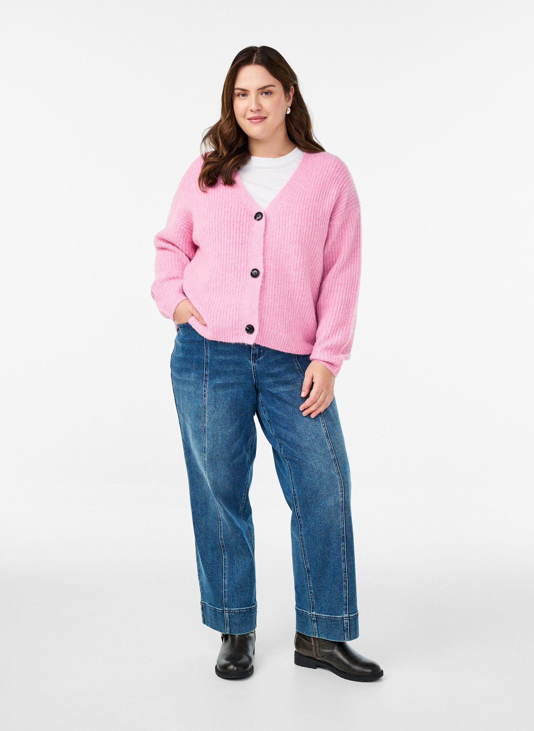Zizzi V-hals cardigan van breisel, Roze, Model image number 1