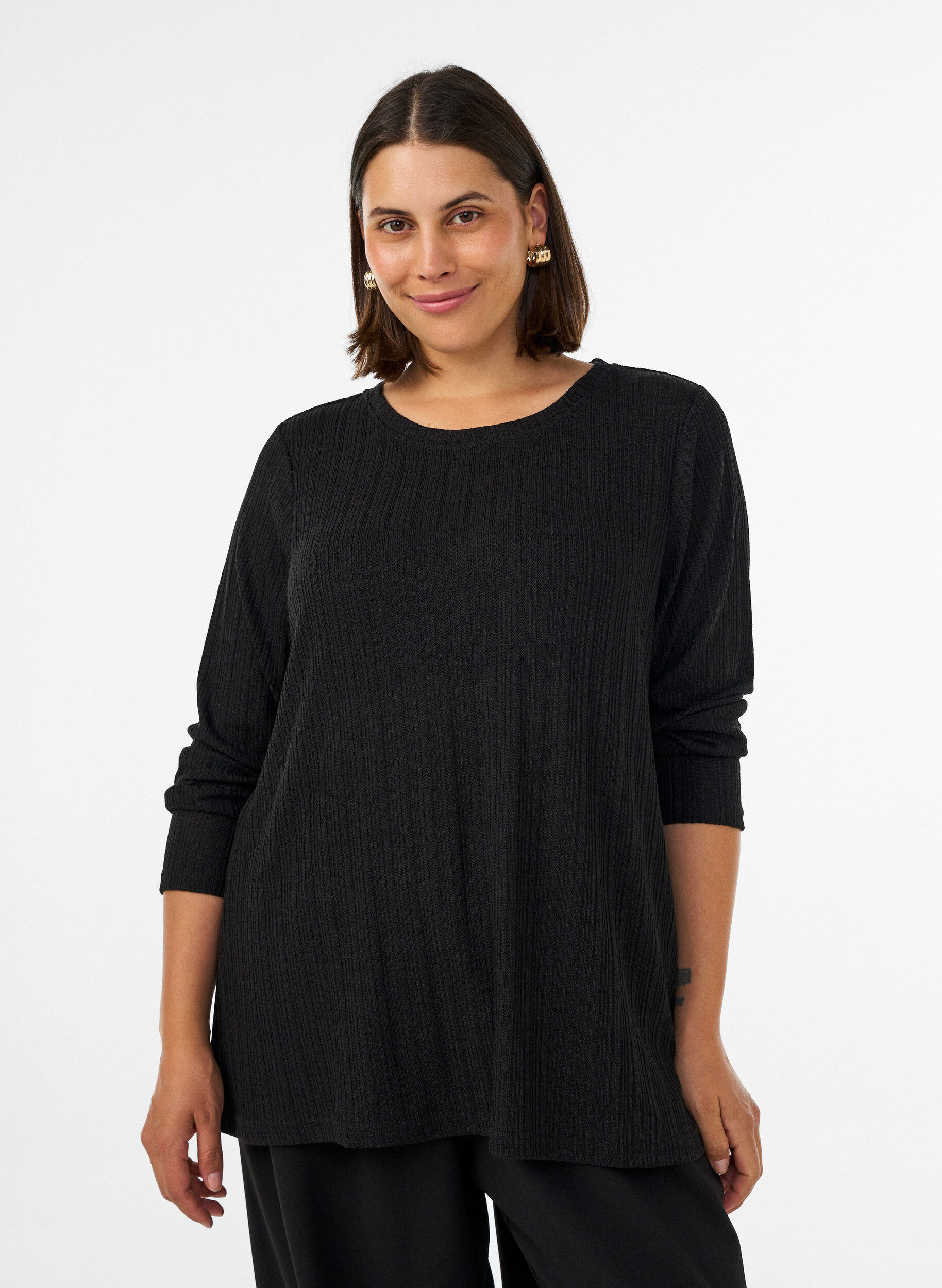 ZizziJersey blouse met geribde structuur en lange mouwen, Zwart, Model image number 0
