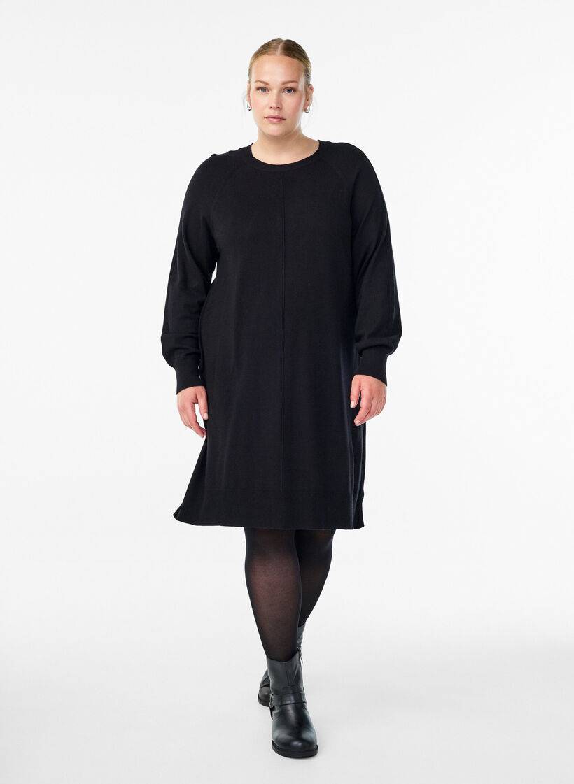 Korte gebreide jurk met raglanmouwen en een middennaad, Zwart, Model image number 1