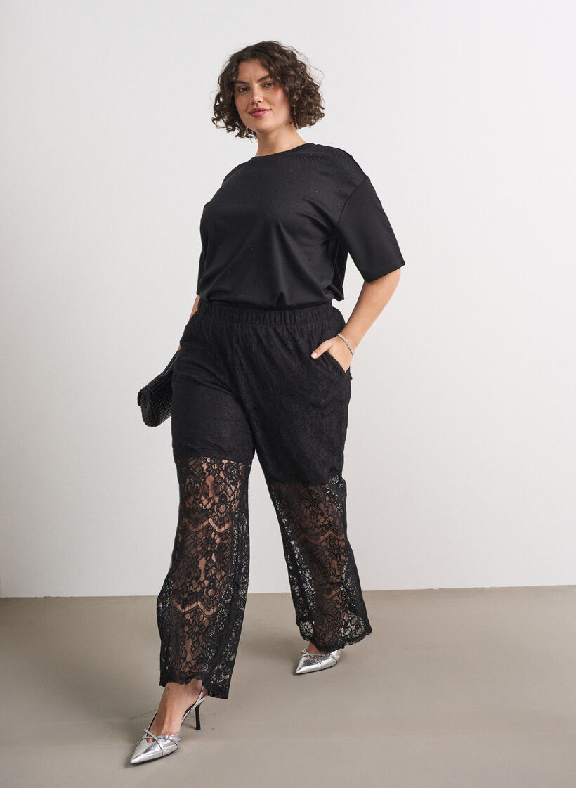 T-shirt met strass-steentjes en ronde hals, Zwart, Model image number 1