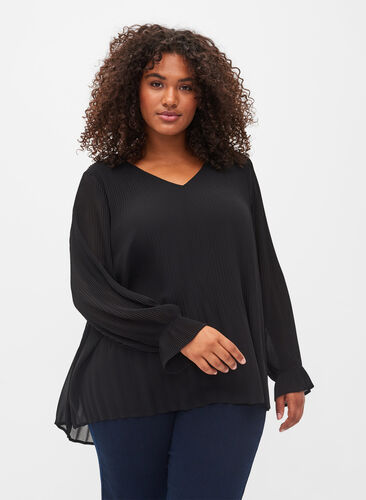 Geplooide blouse met v-hals, Black, Model image number 0
