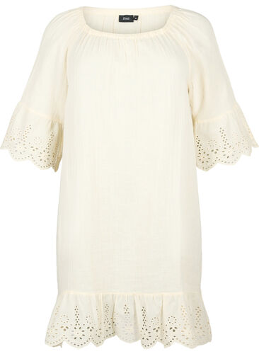 Katoenen jurk met anglaise borduurwerk, Buttercream, Packshot image number 0